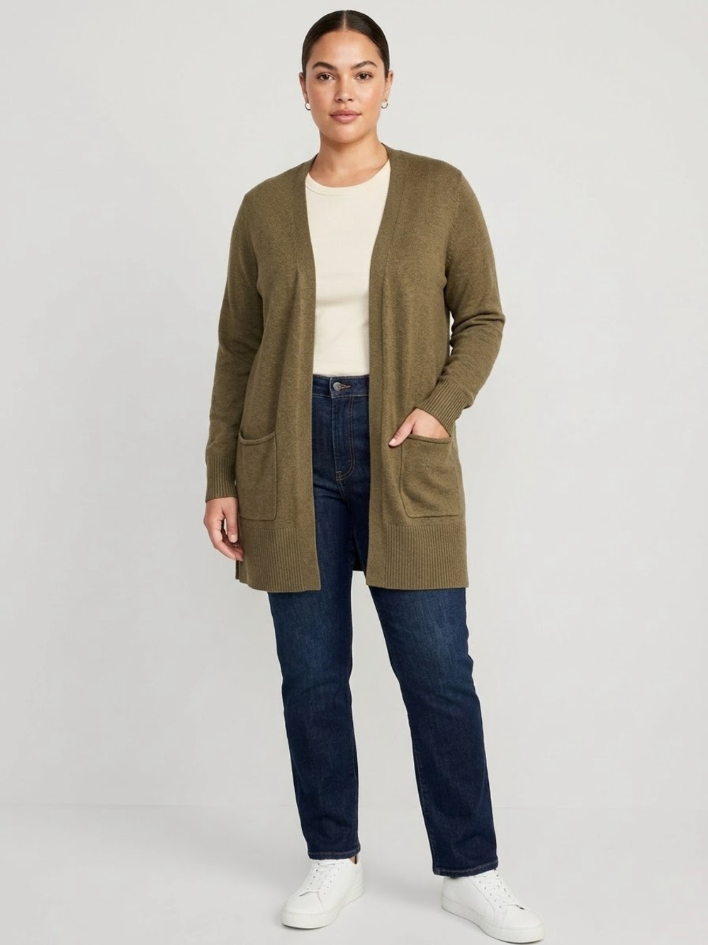 Old Navy Womens Longline Open Front Cardigan Sweater Knit Patch Pockets